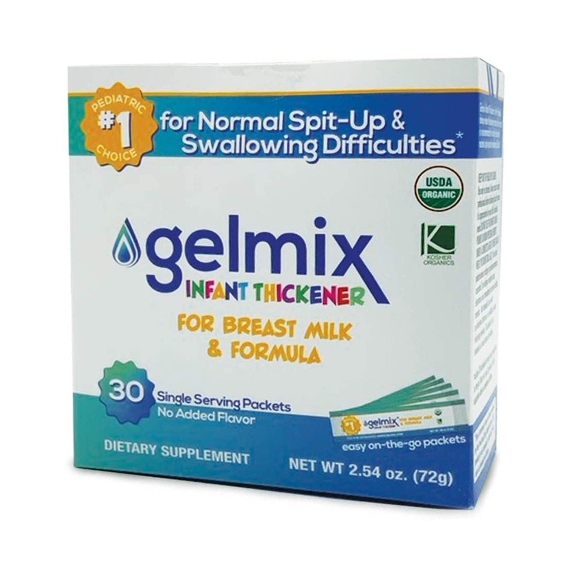 Box of Gelmix Infant Thickener for breast milk and formula on a white background