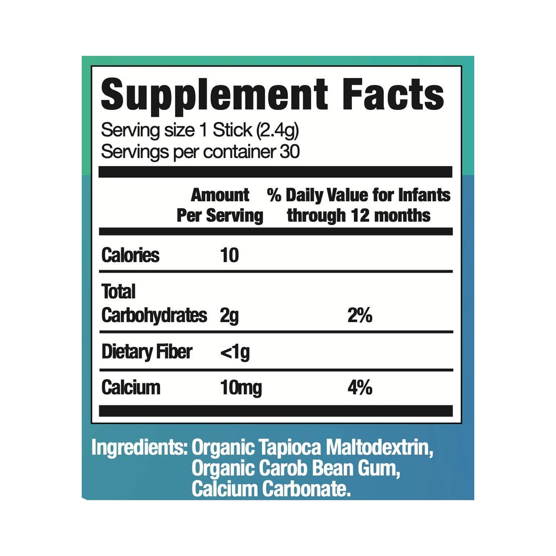Supplement facts label with nutritional information on a white background