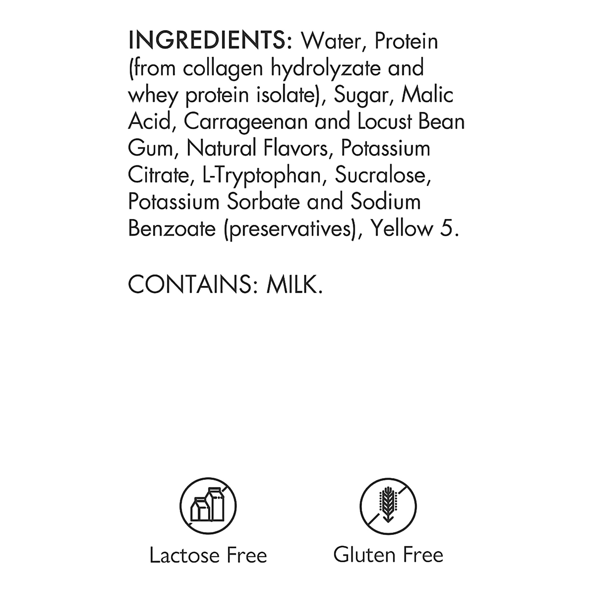 List of ingredients with lactose and gluten free symbols on a white background