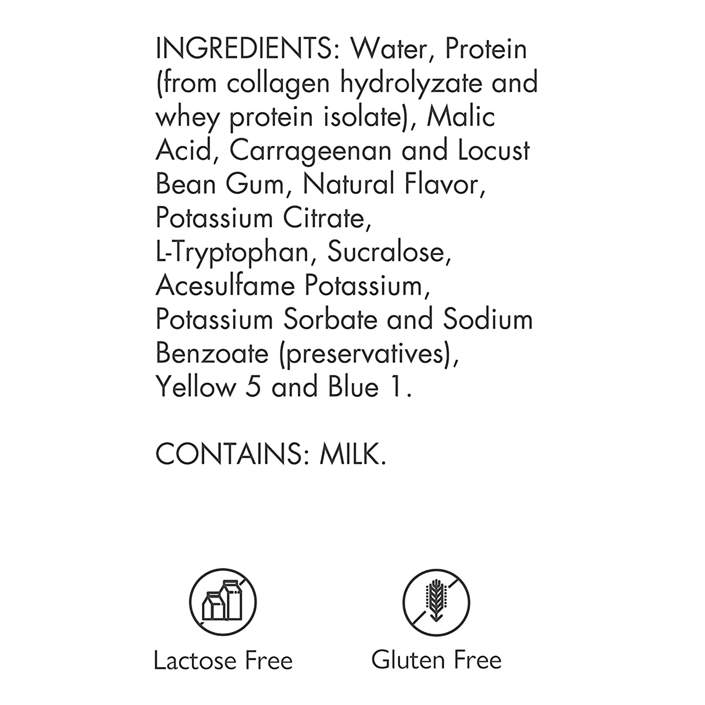 List of ingredients with lactose and gluten free icons on a white background