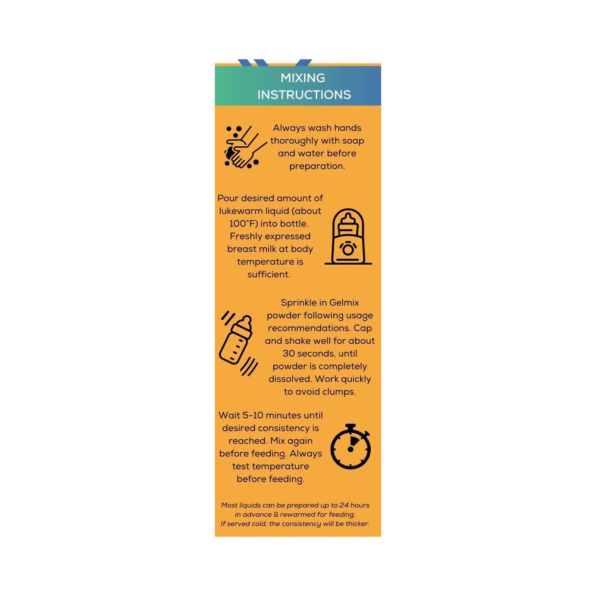 Orange label with mixing instructions for a baby formula product on a white background