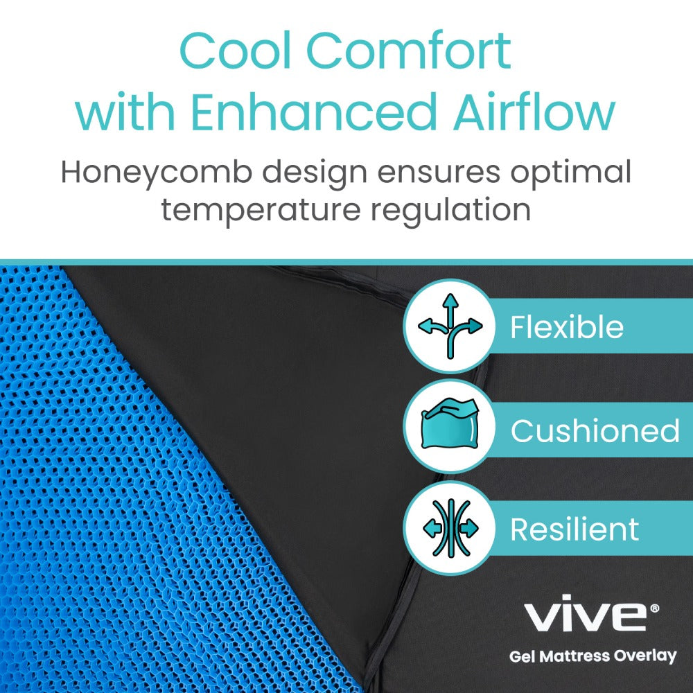 Vive gel mattress overlay with blue honeycomb design and text highlighting features.