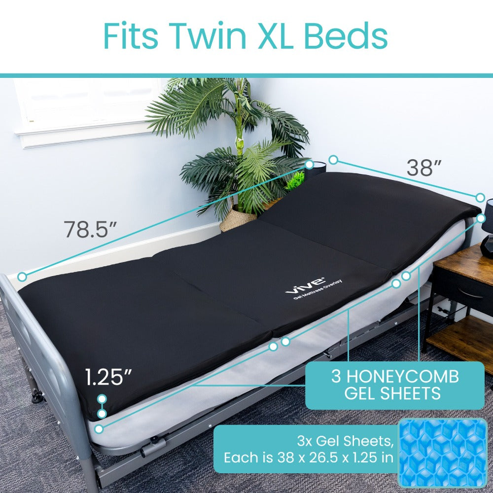 Bedding system with measurements and Vive branding on a bed frame.