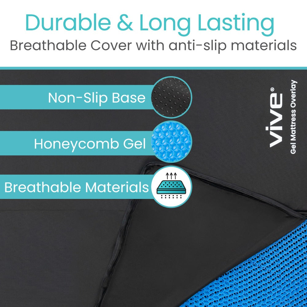 Vive mattress overlay with features highlighted on a black and blue background