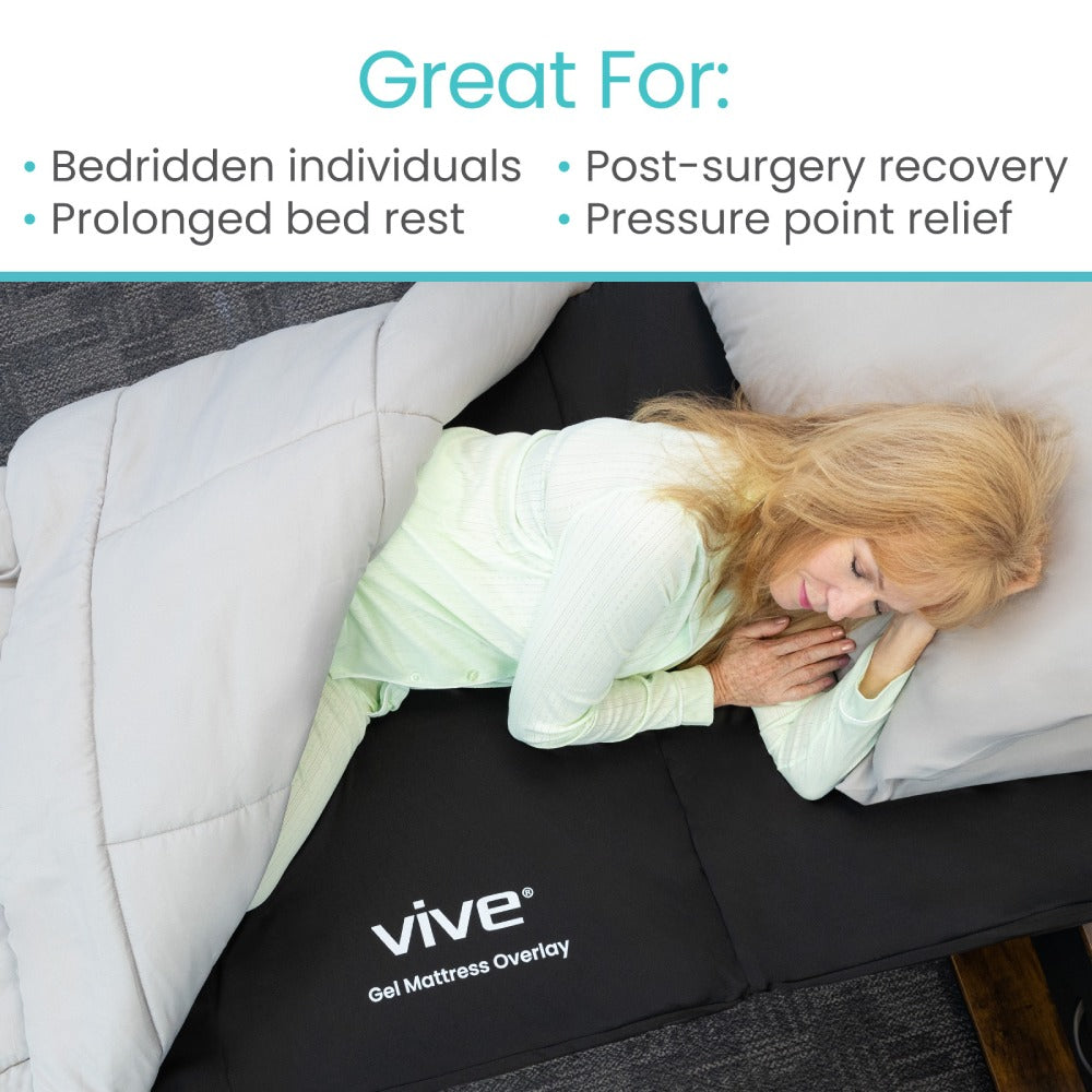 Person lying on a mattress overlay with 'Vive' branding, surrounded by text highlighting uses.