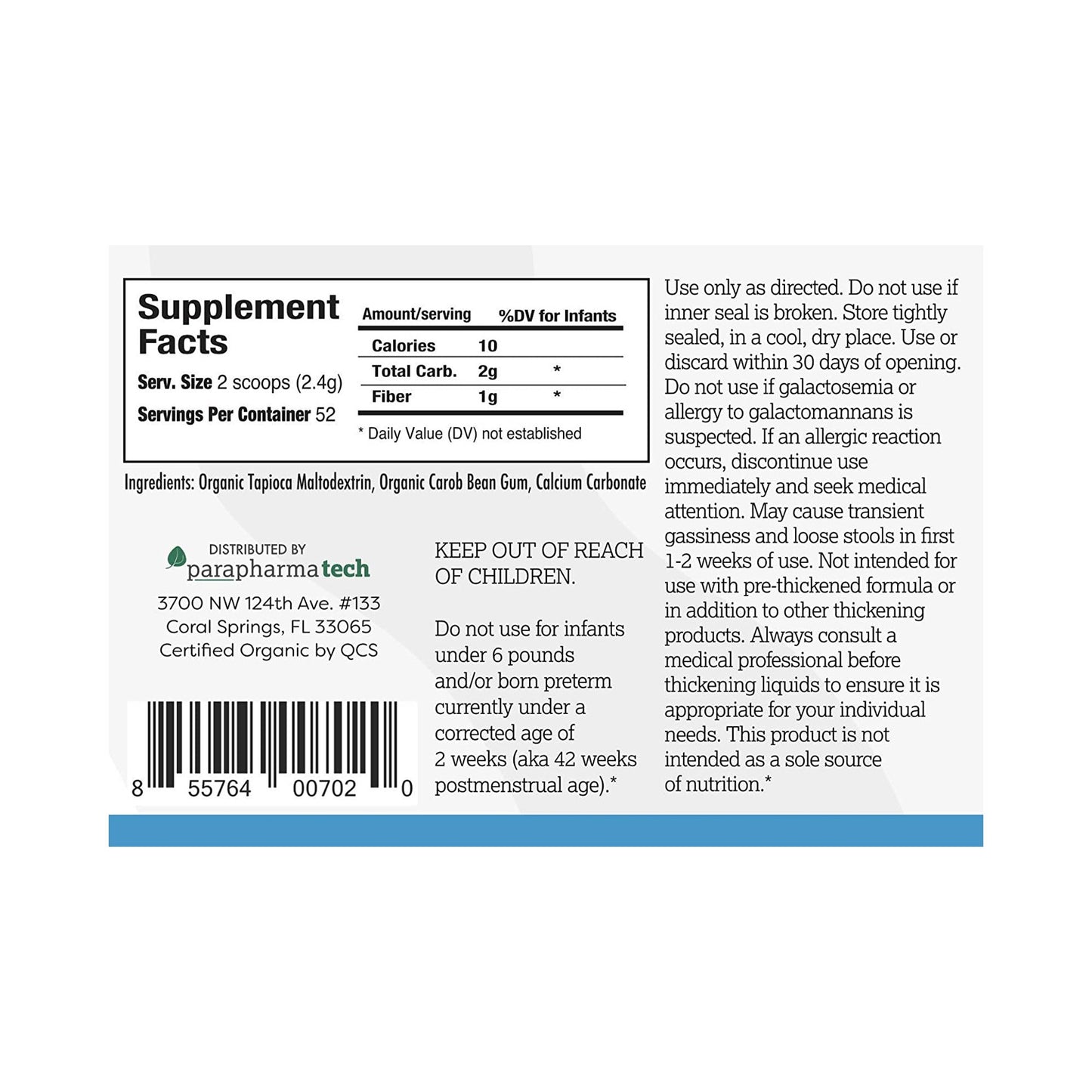Supplement label with text and bar code on a white background