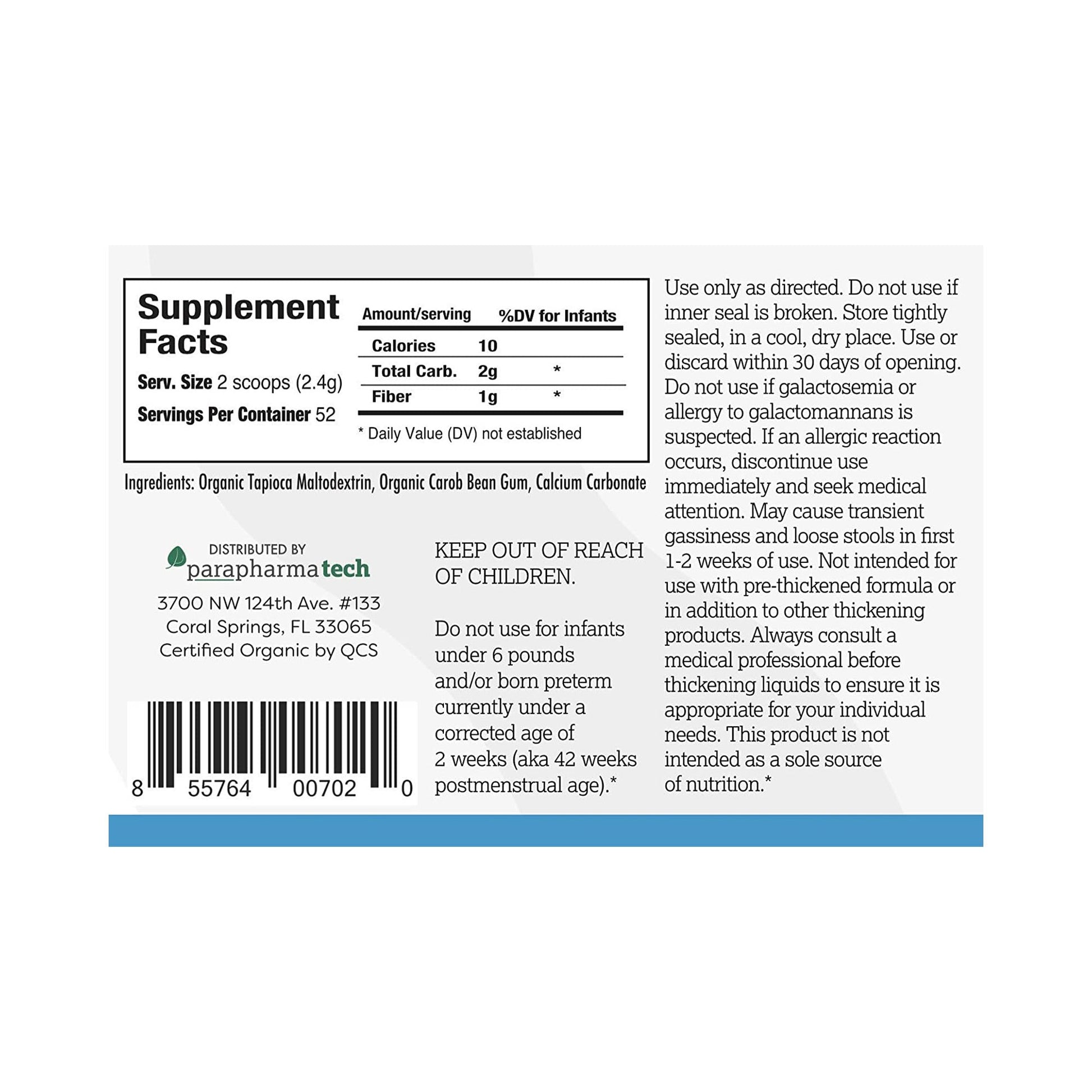 Supplement label with text and bar code on a white background