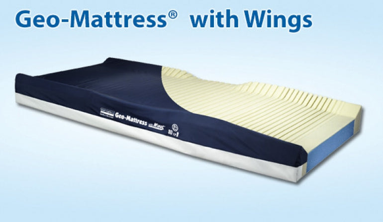 A Geo-Mattress with Wings mattress shown at an angle against a light blue gradient background, with the brand name 'Geo-Mattress' and text 'with Wings' at the top.