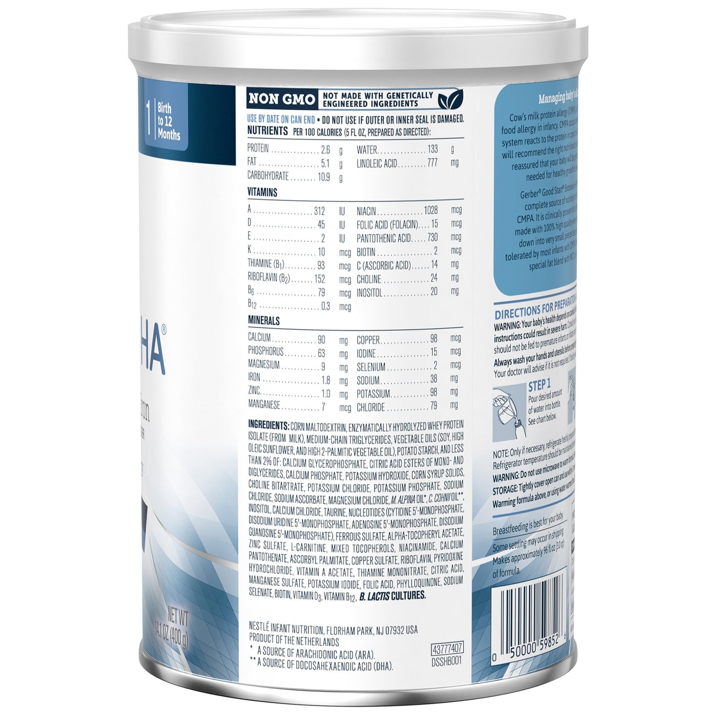 Back of a protein powder container with nutritional information and ingredient list.