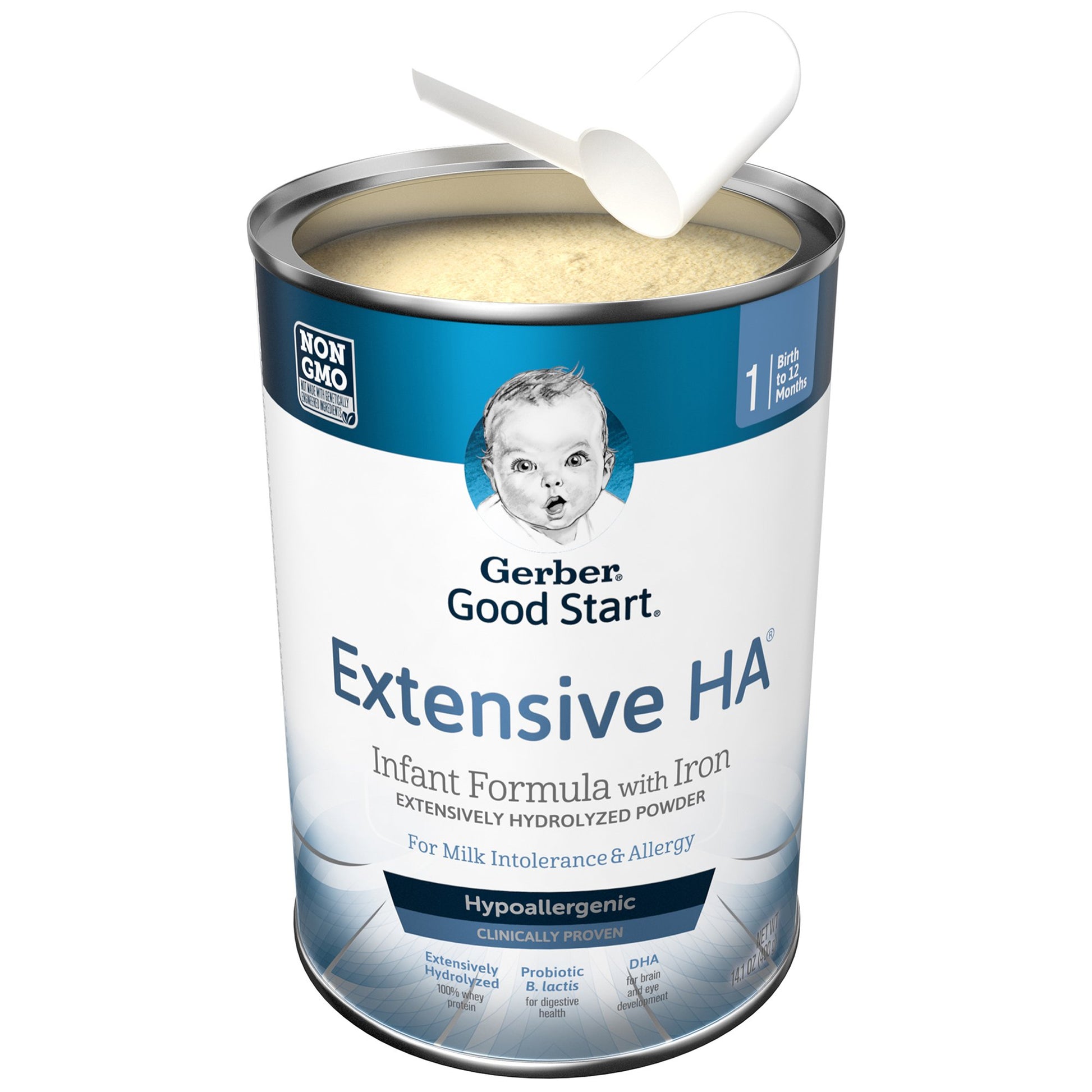 Can of Gerber Good Start Extensive HA infant formula with a spoon on a white background