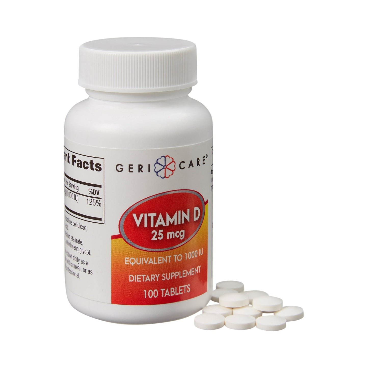 Vitamin D supplement bottle with tablets on a white background