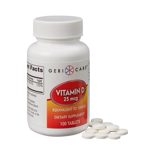 Vitamin D supplement bottle with tablets on a white background