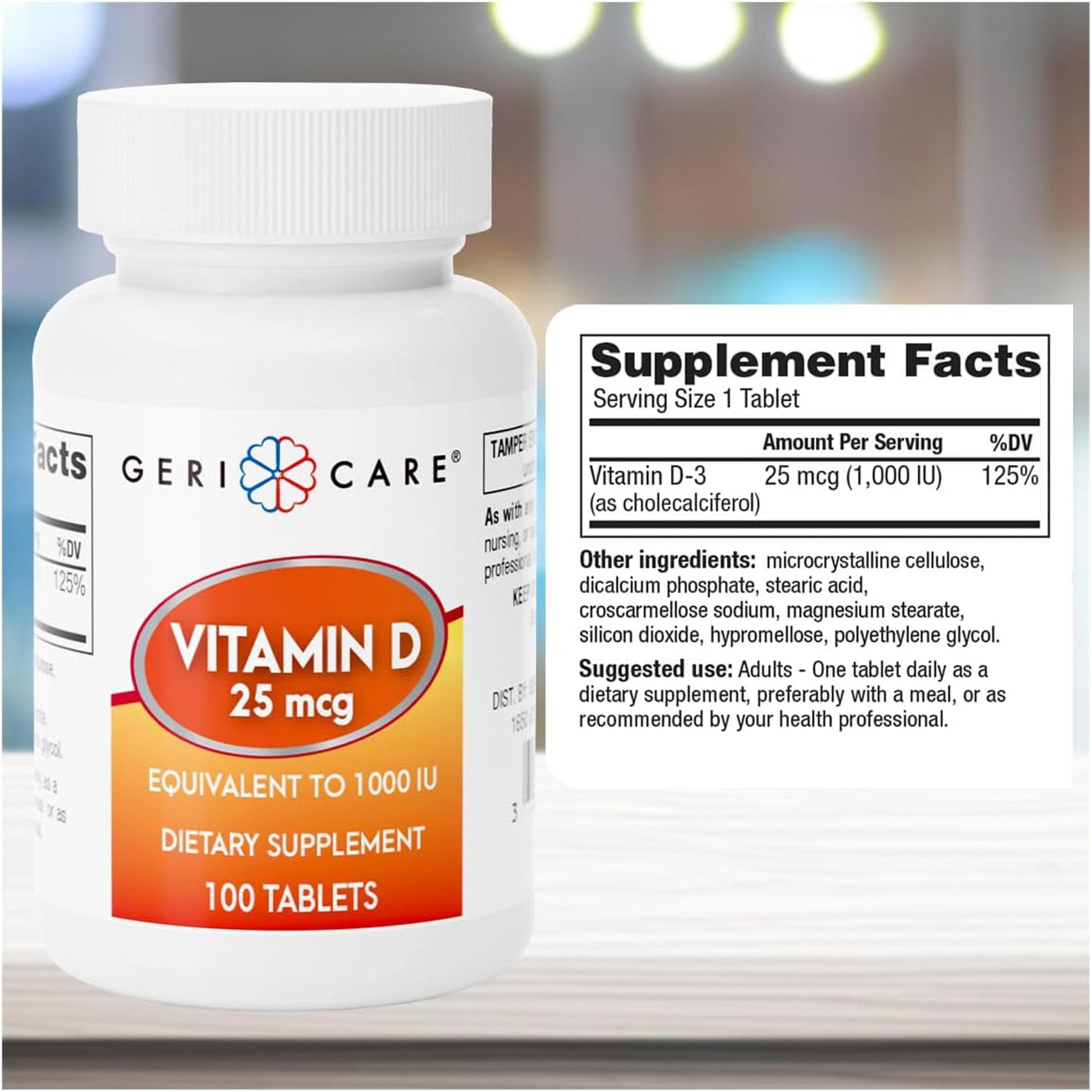 Vitamin D supplement bottle with label and supplement facts on a blurred background