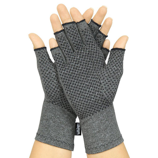 Gray gloves with textured palm on a white background, featuring the brand 'Vive'.