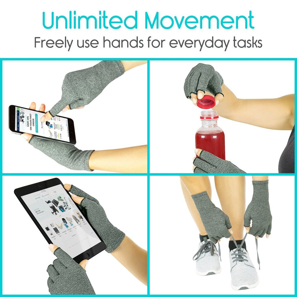Gray gloves being used for various everyday tasks with text 'Unlimited Movement' and 'Freely use hands for everyday tasks'.