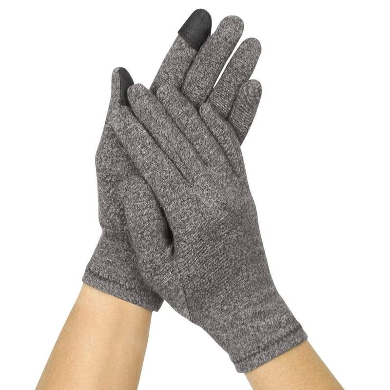Gray gloves with black tips on a white background