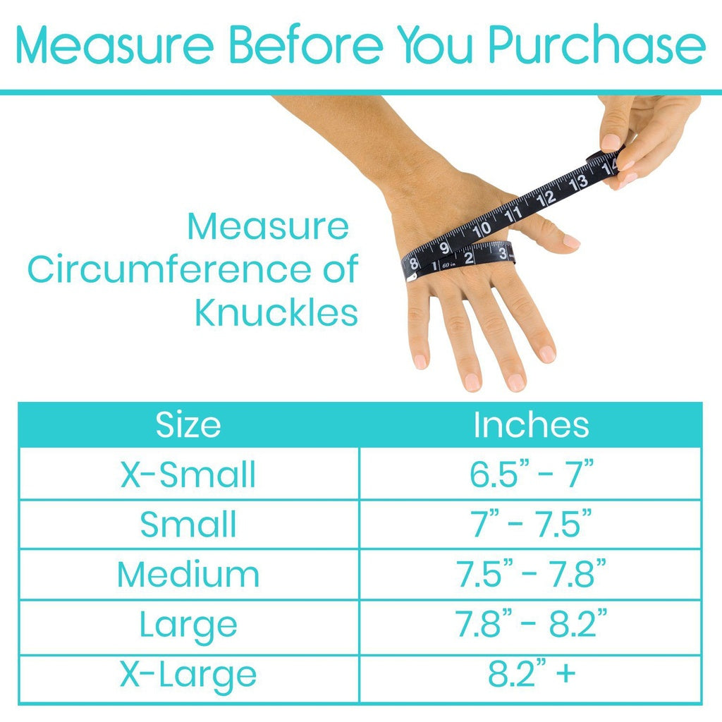 Hand measurement guide with a ruler and size chart for wrist circumference.