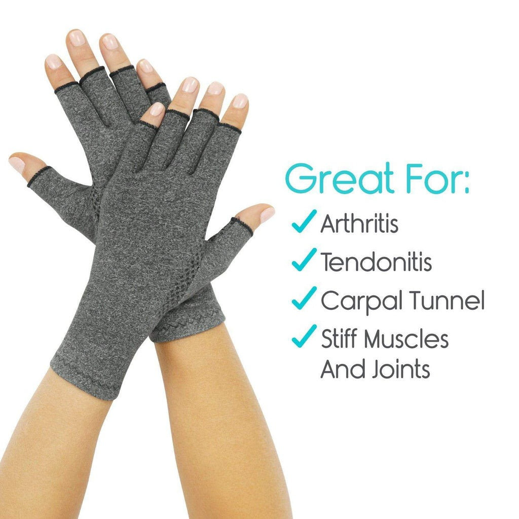 Gray compression gloves on a hand with text indicating benefits on a white background
