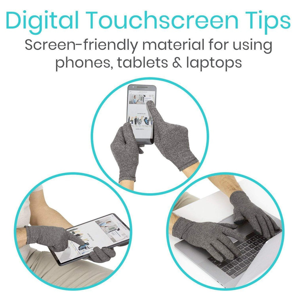 Digital touchscreen Tips with text and images of hands using a phone, tablet, and laptop.
