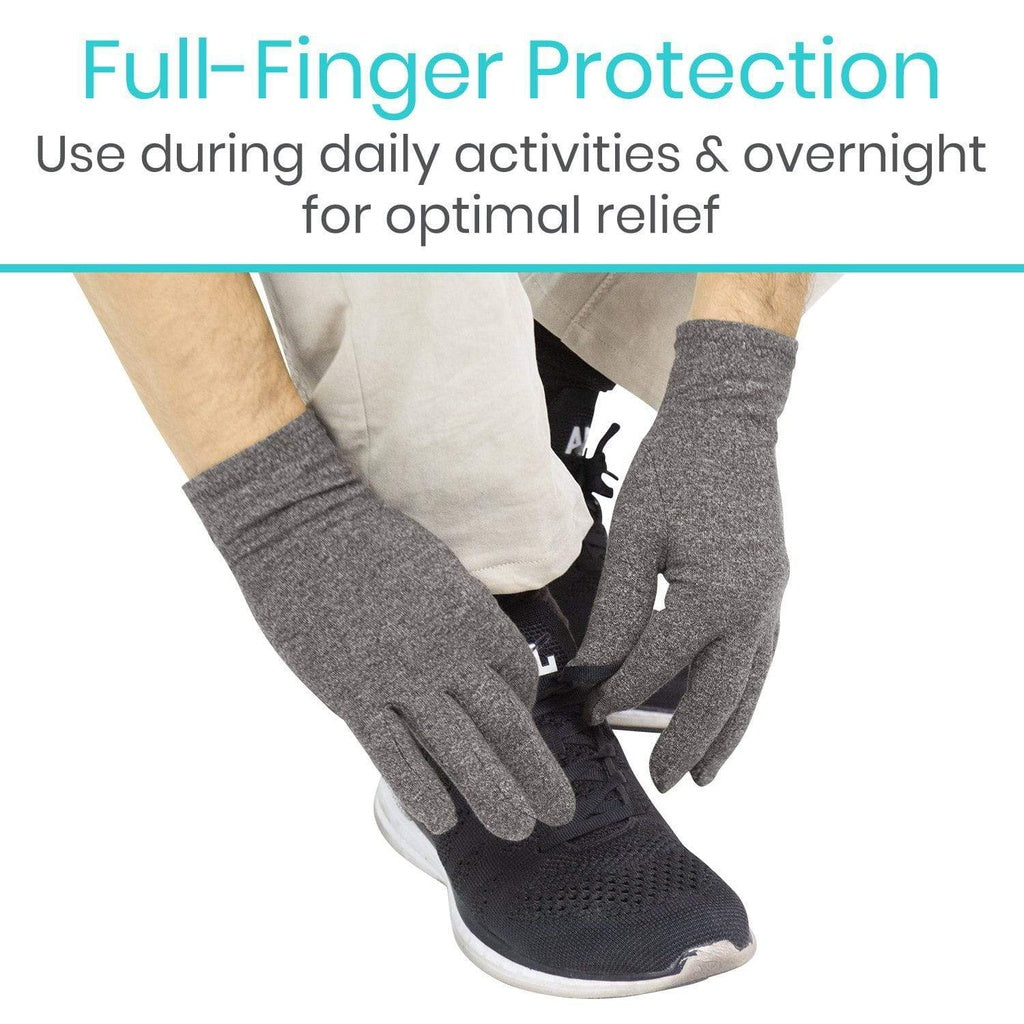 Person wearing gray gloves with text about full-finger protection for daily activities and overnight use.