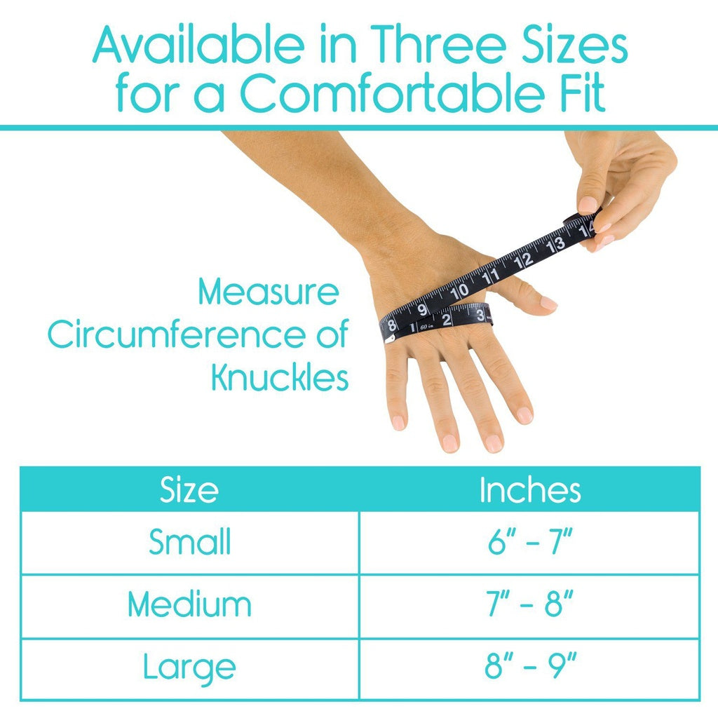 Measurement guide for knuckle size with a hand and measuring tape, and a table of sizes and corresponding circumferences.