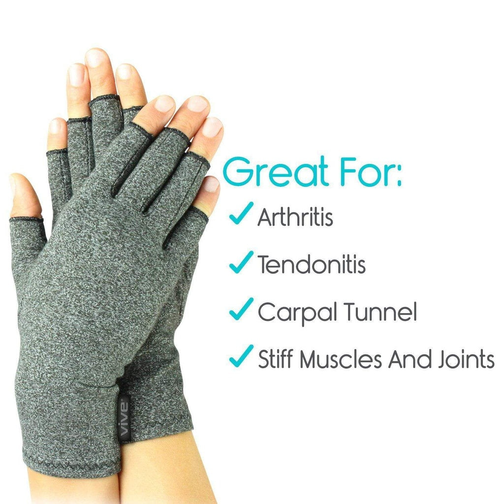 Gray compression glove on a hand with text indicating its benefits for arthritis, tendonitis, carpal tunnel, and stiff muscles and joints.