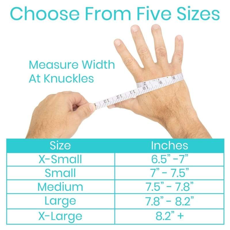 Hand measuring width at knuckles with a ruler and size chart for finger sizes.