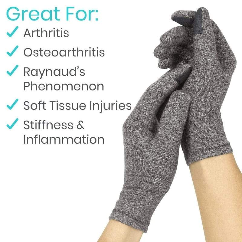 Gray gloves being worn with a list of conditions they are great for on a white background