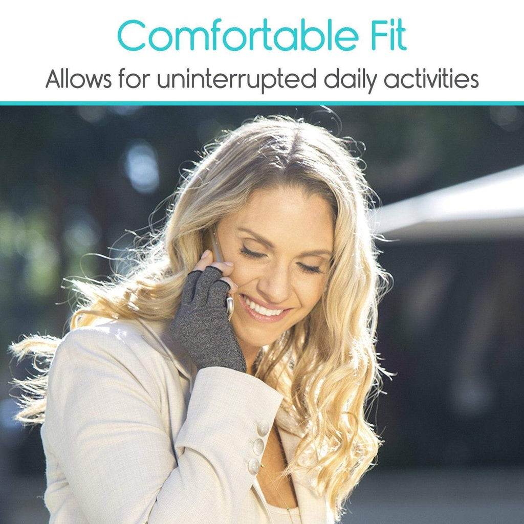 Woman wearing gloves with text 'Comfortable Fit Allows for uninterrupted daily activities' on a blurred outdoor background