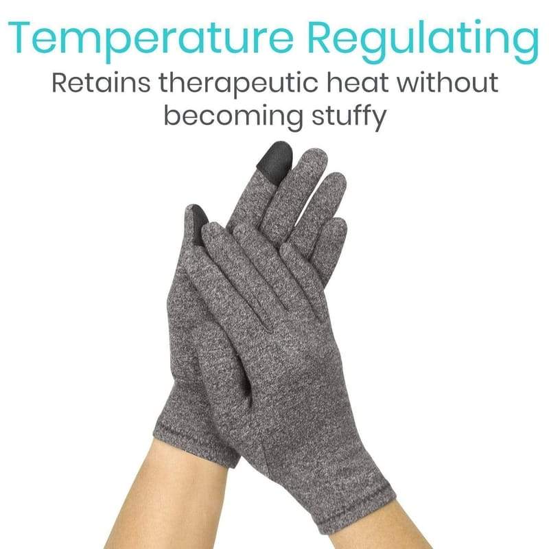 Gray gloves with text about temperature regulation on a white background