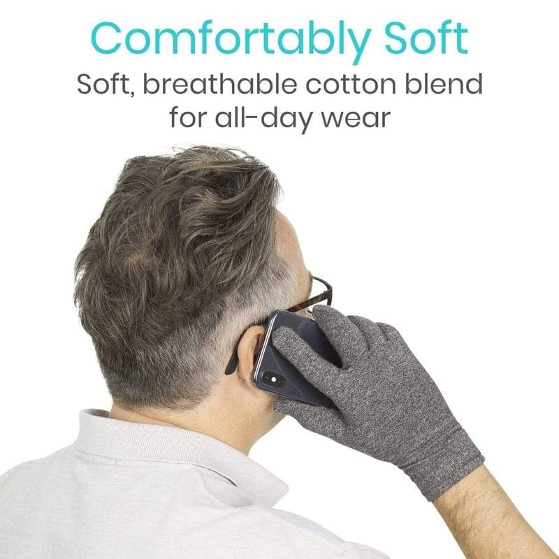 Person wearing a gray glove on one hand, holding a phone to their ear, with text about comfort and material.