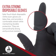 Black disposable glove with text about extra strong gloves and Dynarex brand logo.