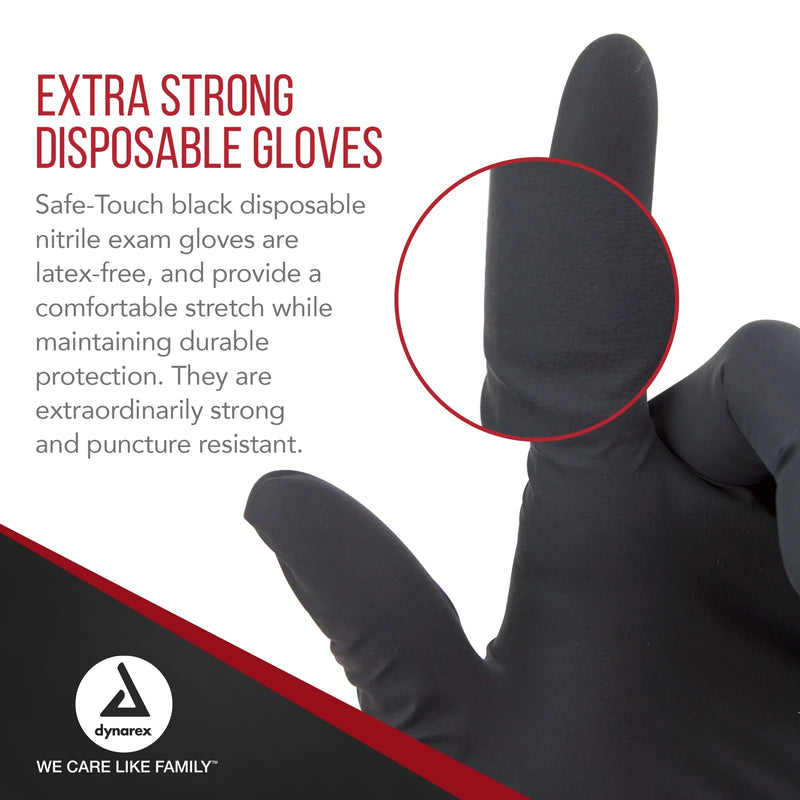 Black disposable glove with text about extra strong gloves and Dynarex brand logo.