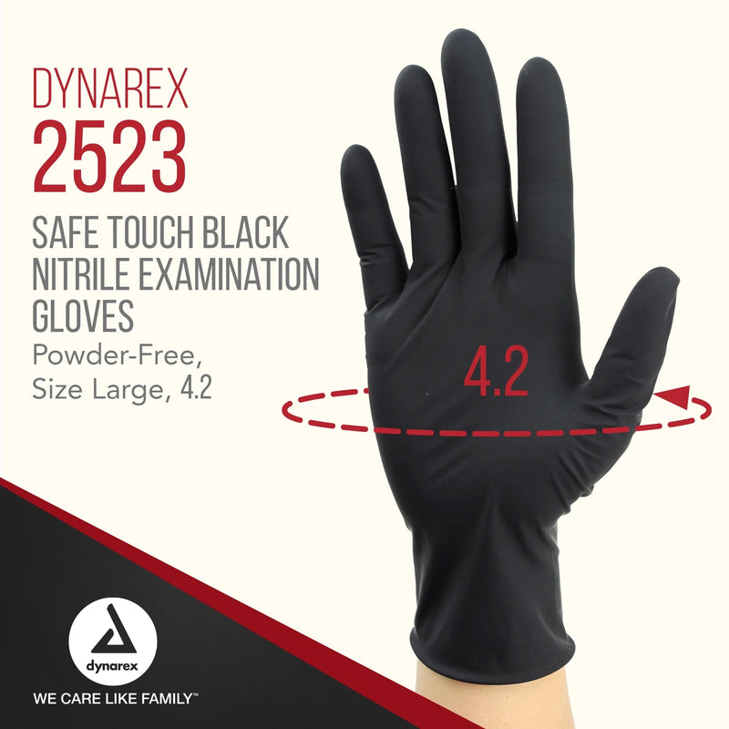 Black nitrile examination glove with measurement and Dynarex branding on a white background