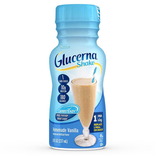 Glucerna Shake bottle with blue label and vanilla flavor depiction on a white background