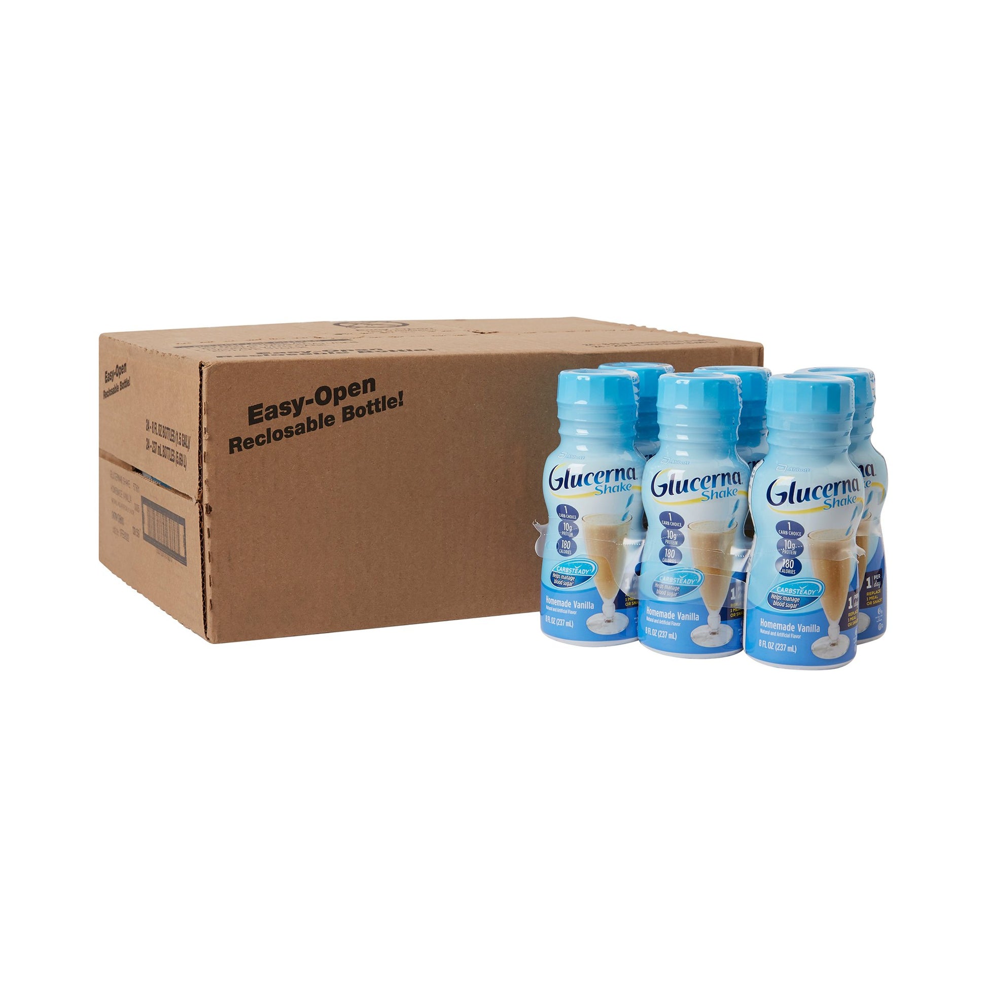 Glucerna bottles with a cardboard box on a white background