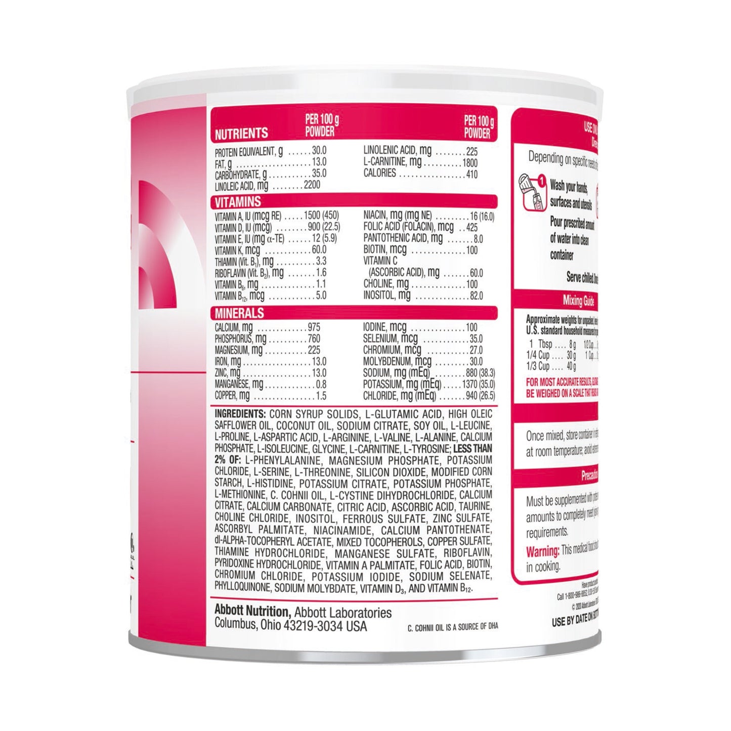 Nutritional label on a supplement container with white and red design.