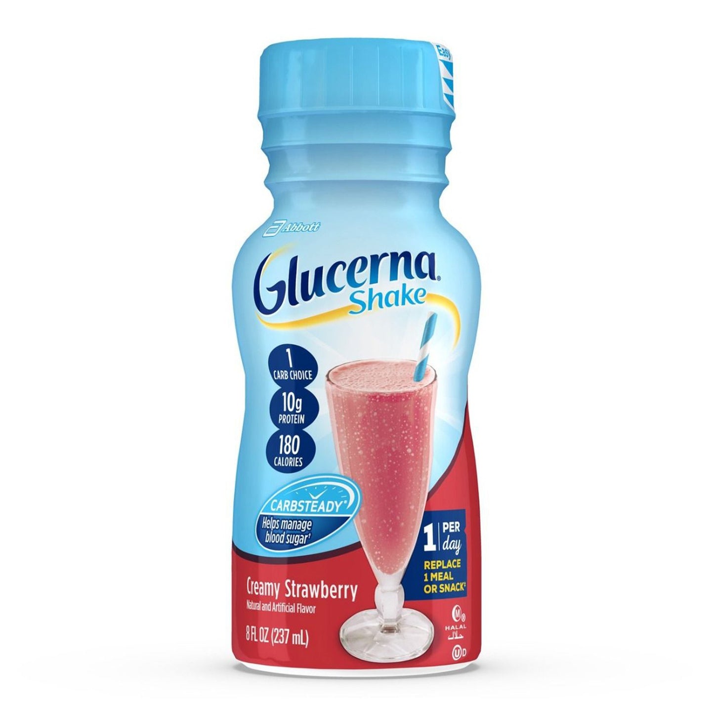 Glucerna Shake bottle with strawberry flavor on a white background