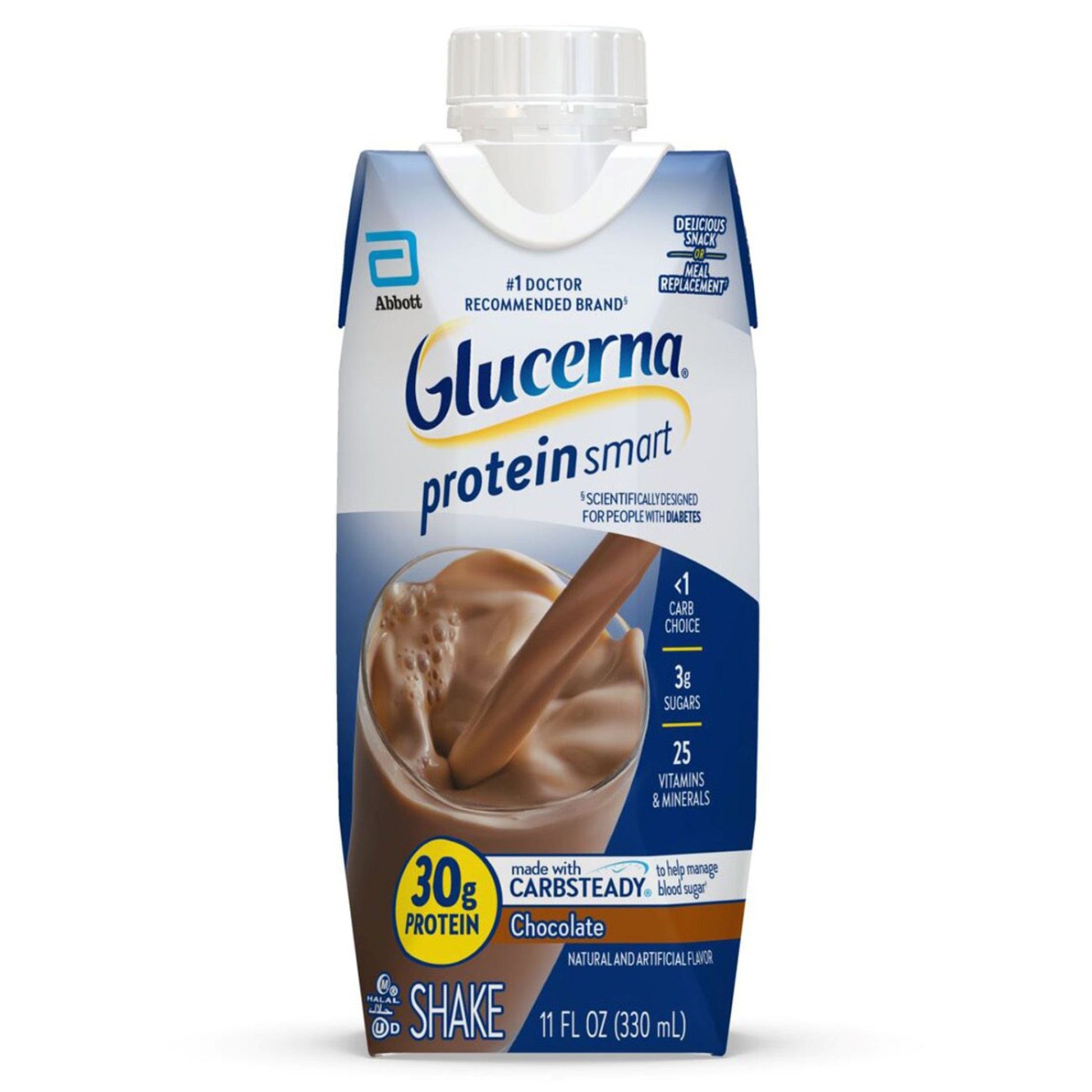 Glucerna Protein Smart chocolate shake package on a white background