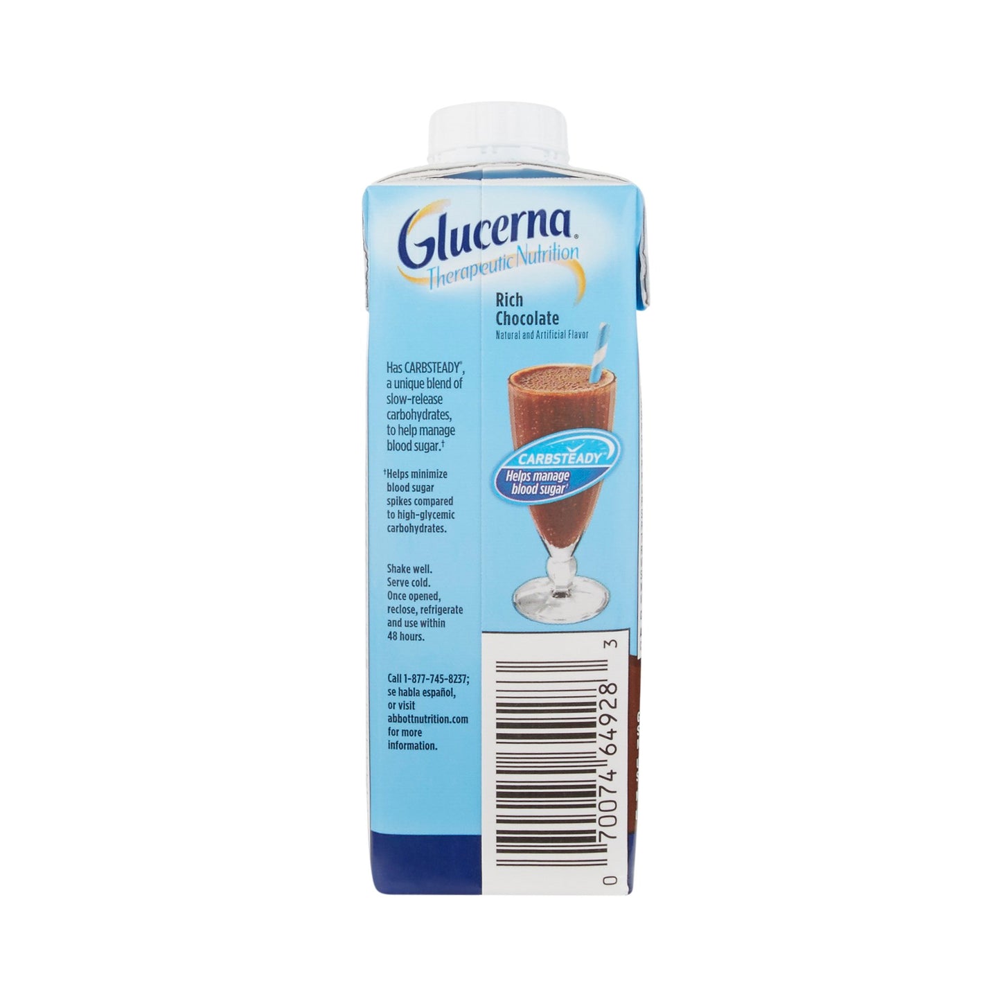 Glucerna Rich Chocolate nutritional supplement bottle on a white background