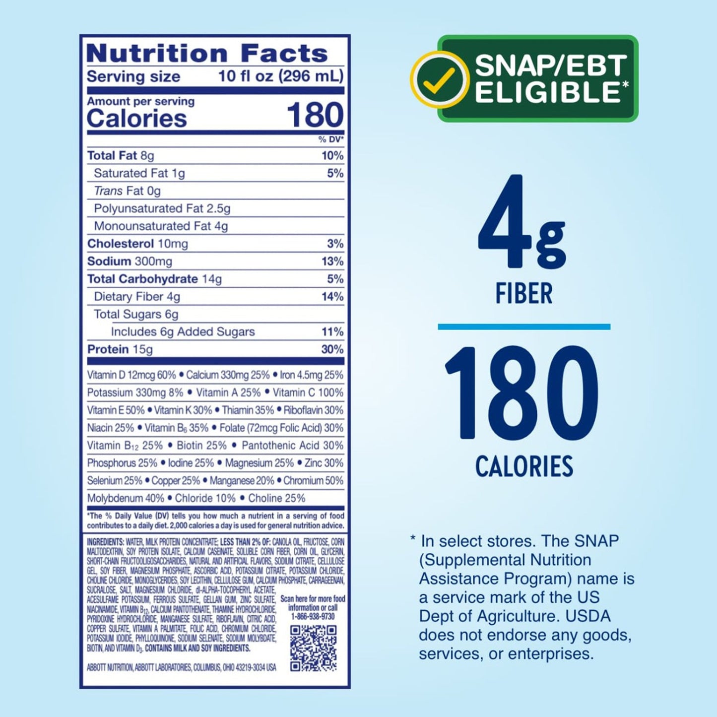 Nutrition label with fiber and calorie information on a blue background