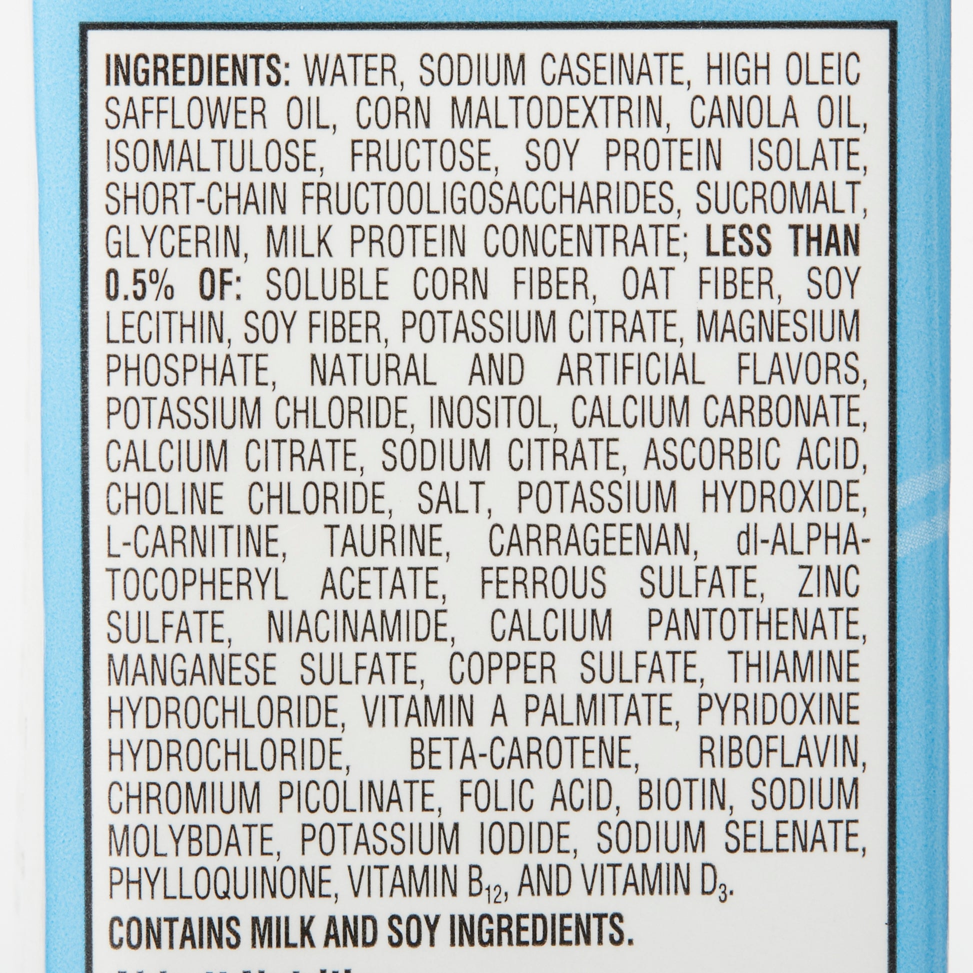 List of ingredients on a product label with a blue border.