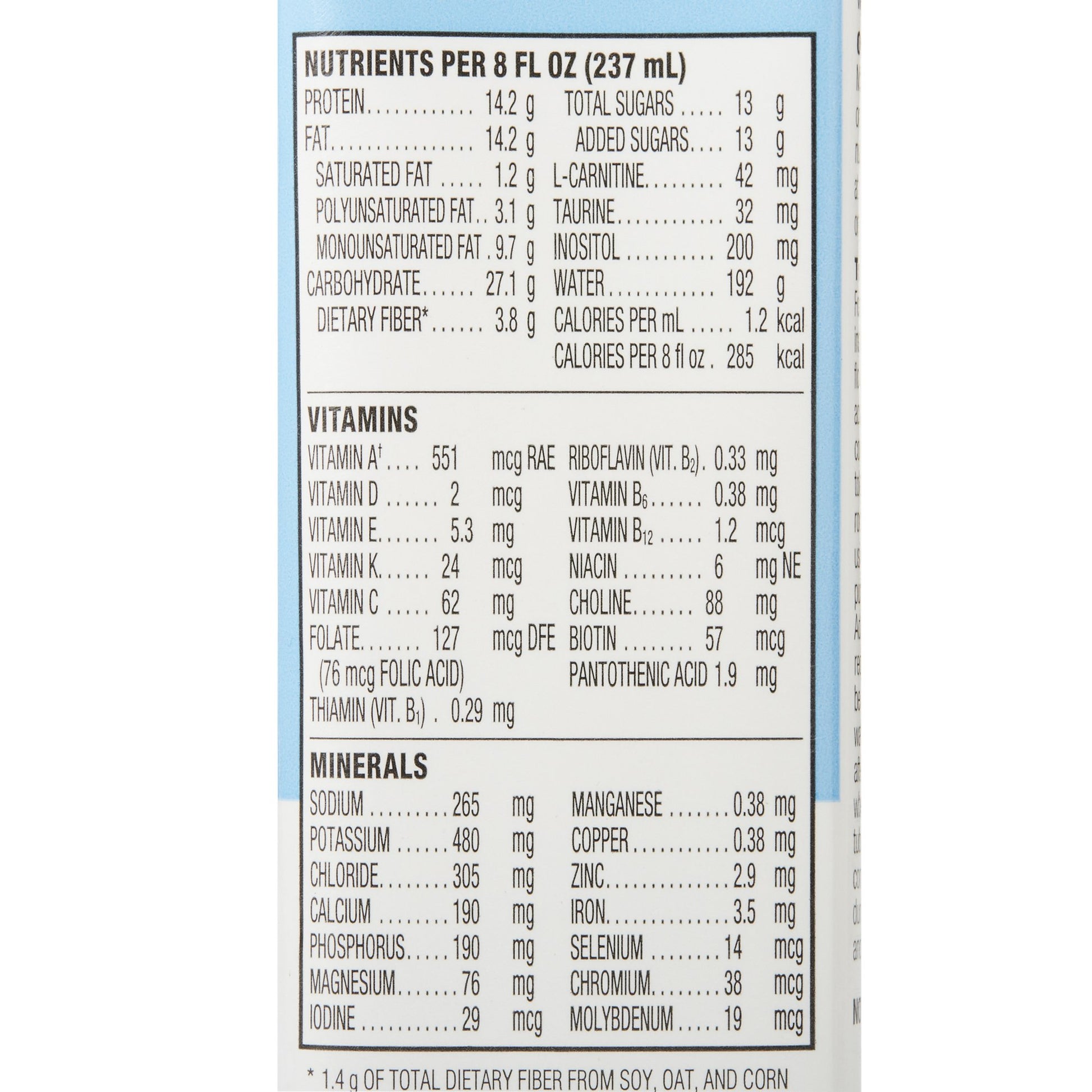 Nutritional label on a supplement bottle with detailed information on vitamins, minerals, and calories.