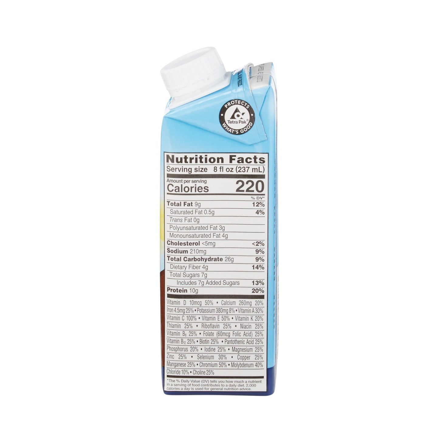 Carton of milk with nutrition facts label on a white background