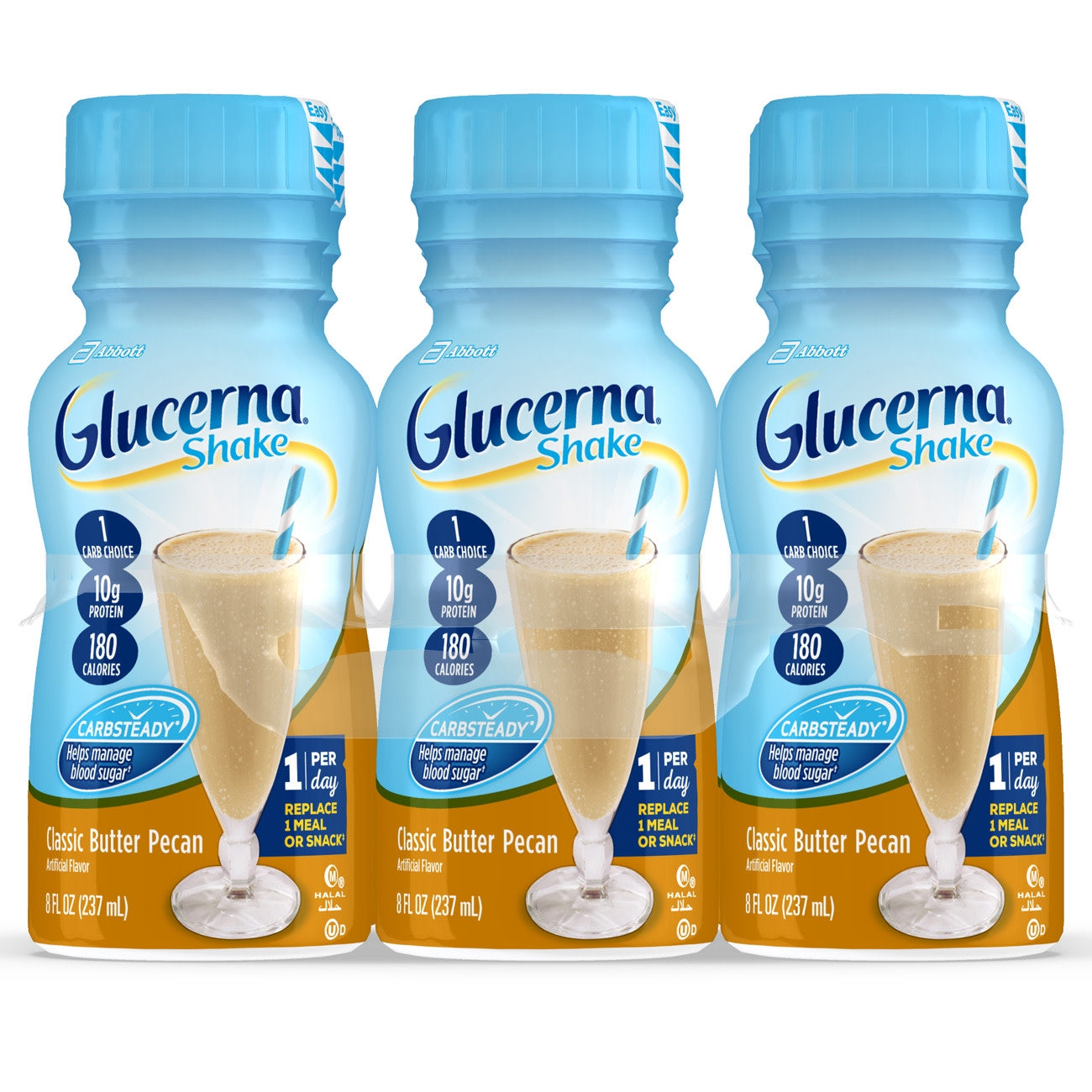 Three bottles of Glucerna Classic Butter Pecan shake on a white background