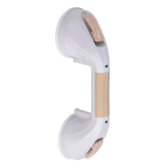 White handheld steamer with beige accents on a white background
