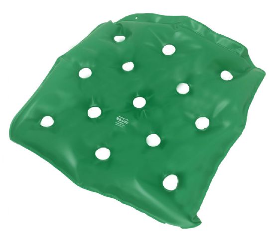 Green inflatable cushion with multiple holes on a white background