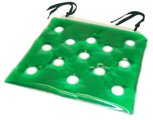 Green seat cushion with multiple holes on a white background