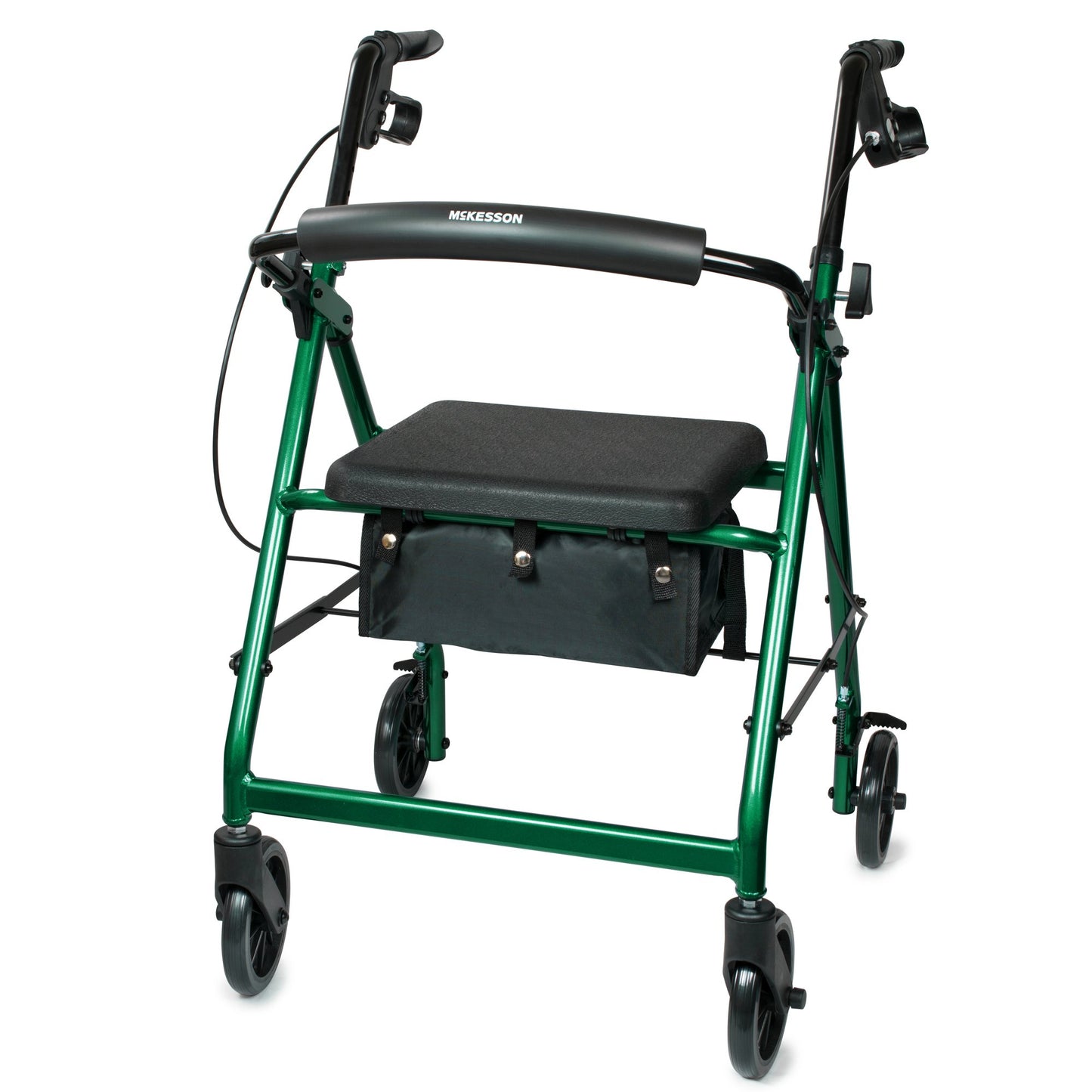Green rollator with a black seat on a white background