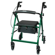 Green rollator with a black seat on a white background